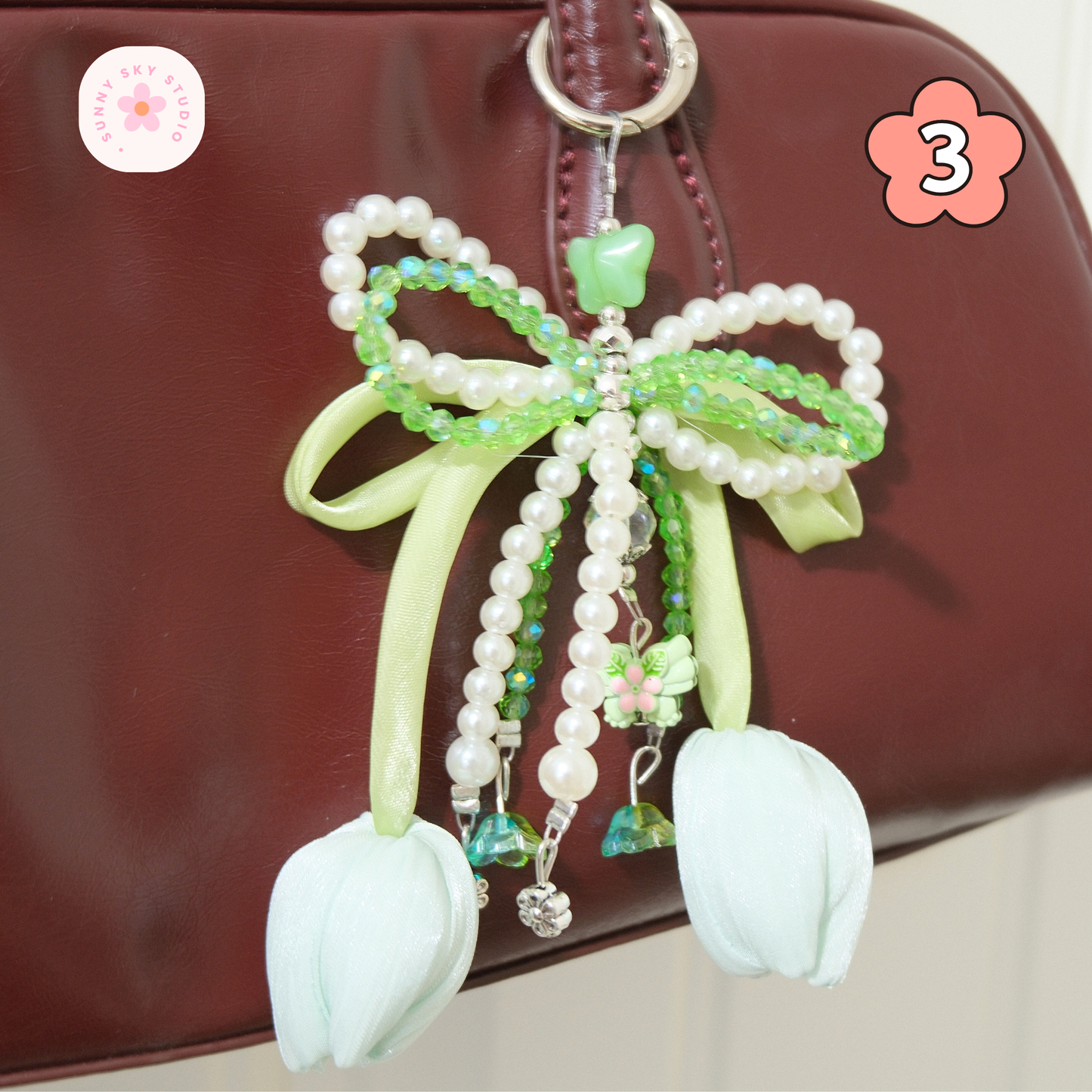 Blue Tulip Bow Pearl Beaded Keychain Sunny Sky Studio