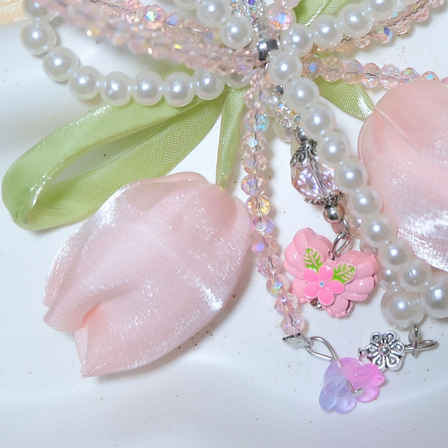 Pink Tulip Bow Pearl Beaded Keychain Sunny Sky Studio