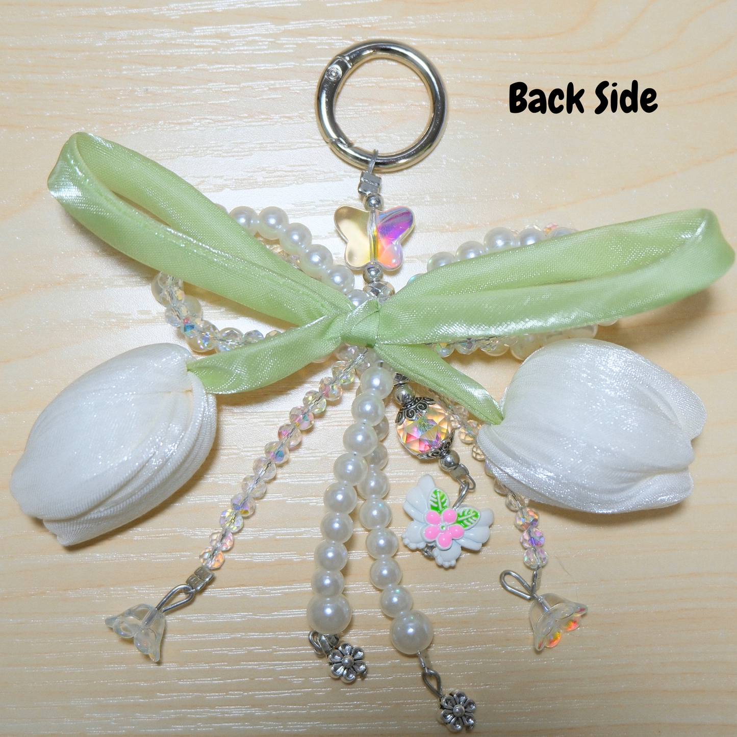 White Tulip Bow Pearl Beaded Keychain Sunny Sky Studio