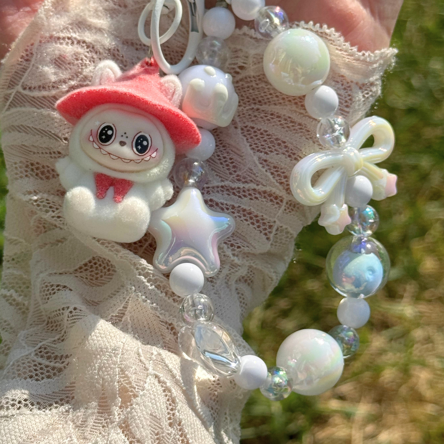 Beaded Keyring, Mini Plush Charm - White
