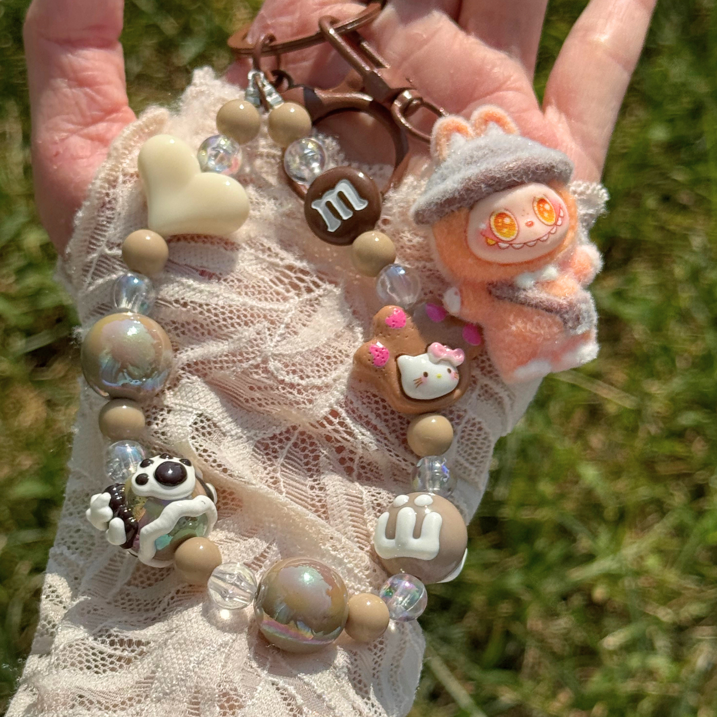Beaded Keyring, Mini Plush Charm - Brown