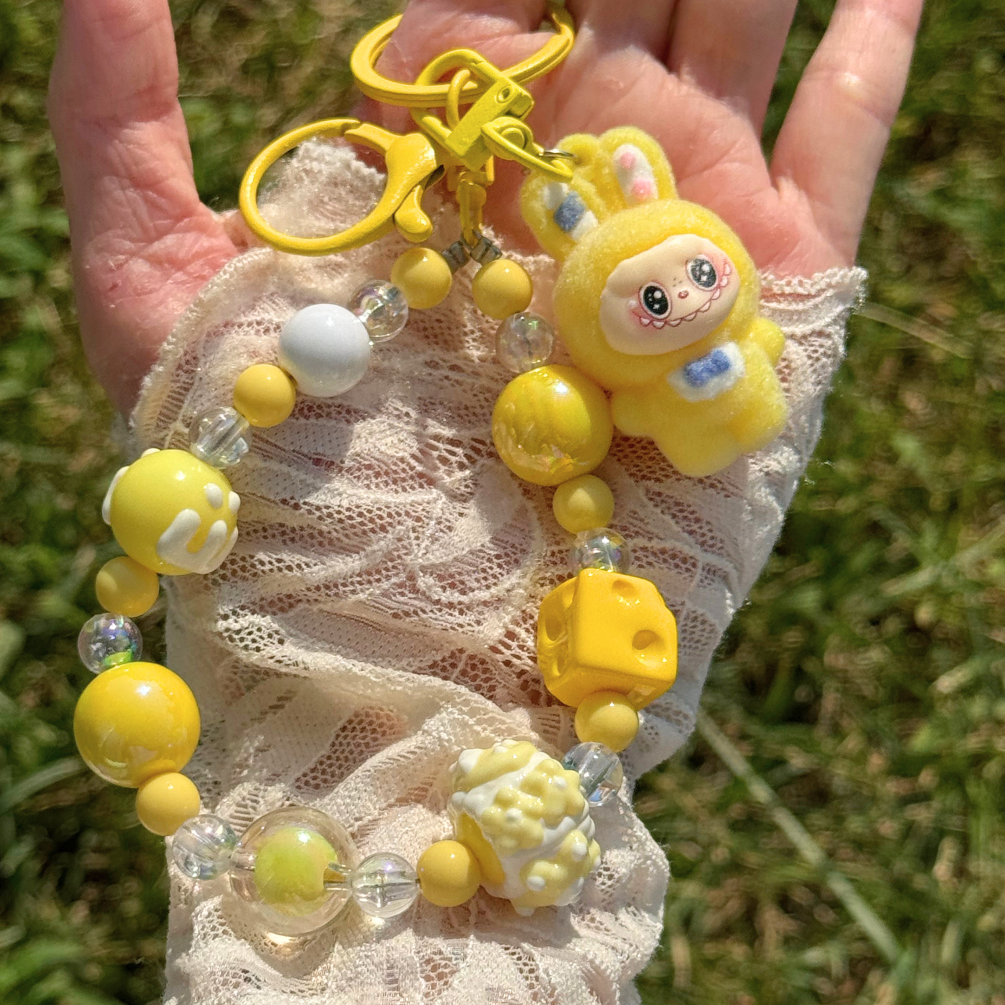 Beaded Keyring, Mini Plush Charm - Yellow