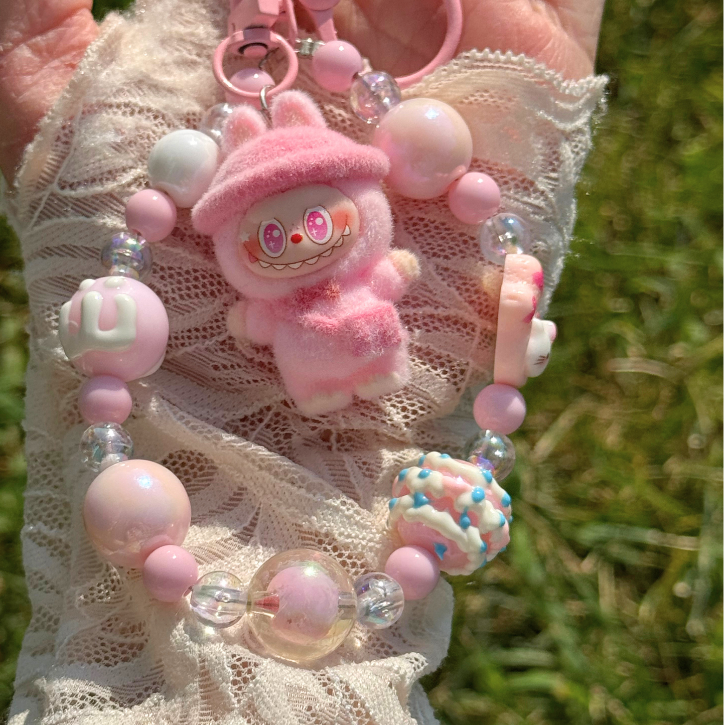 Beaded Keyring, Mini Plush Charm - Pink