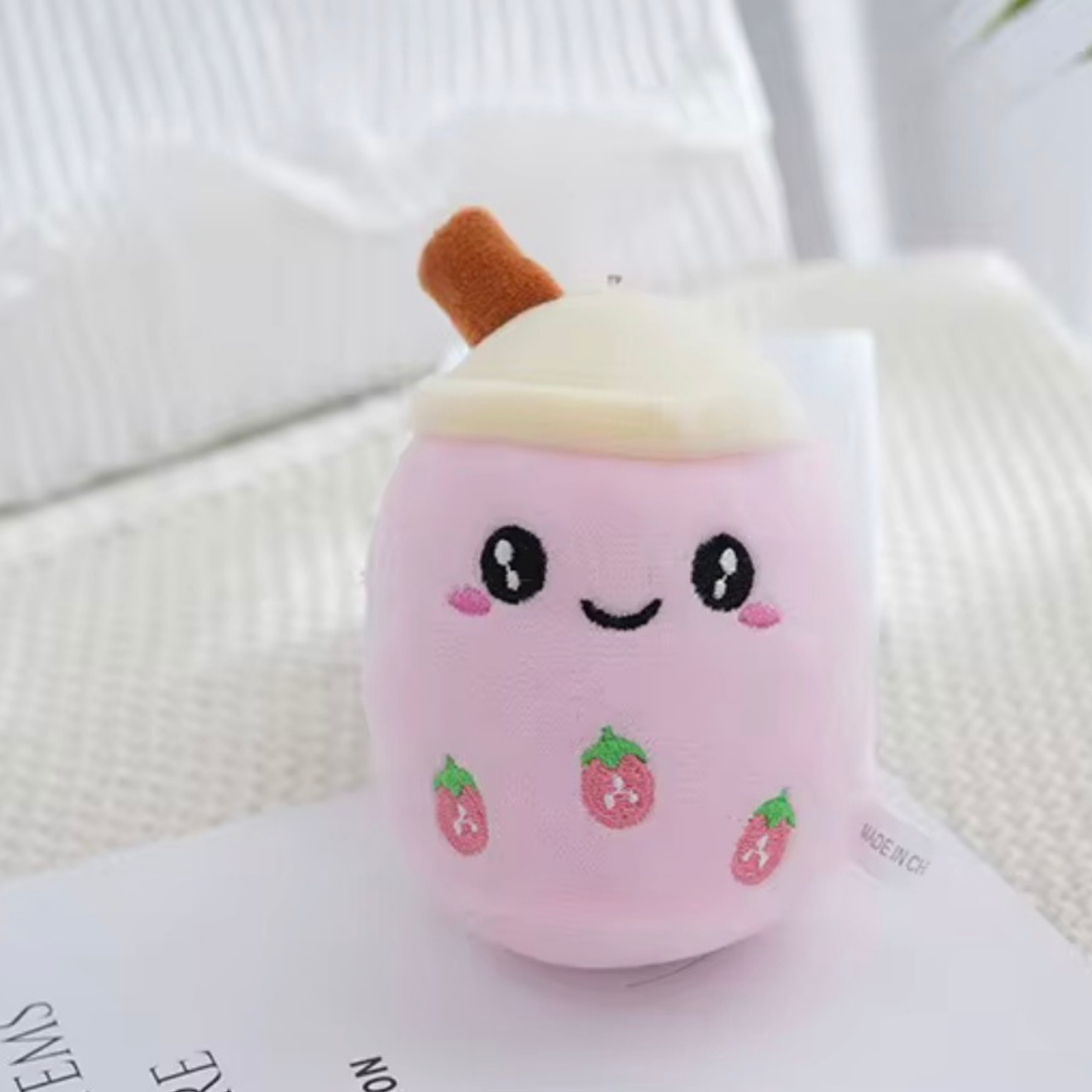Milk Tea Boba Plush Keychain - Pink Strawberry