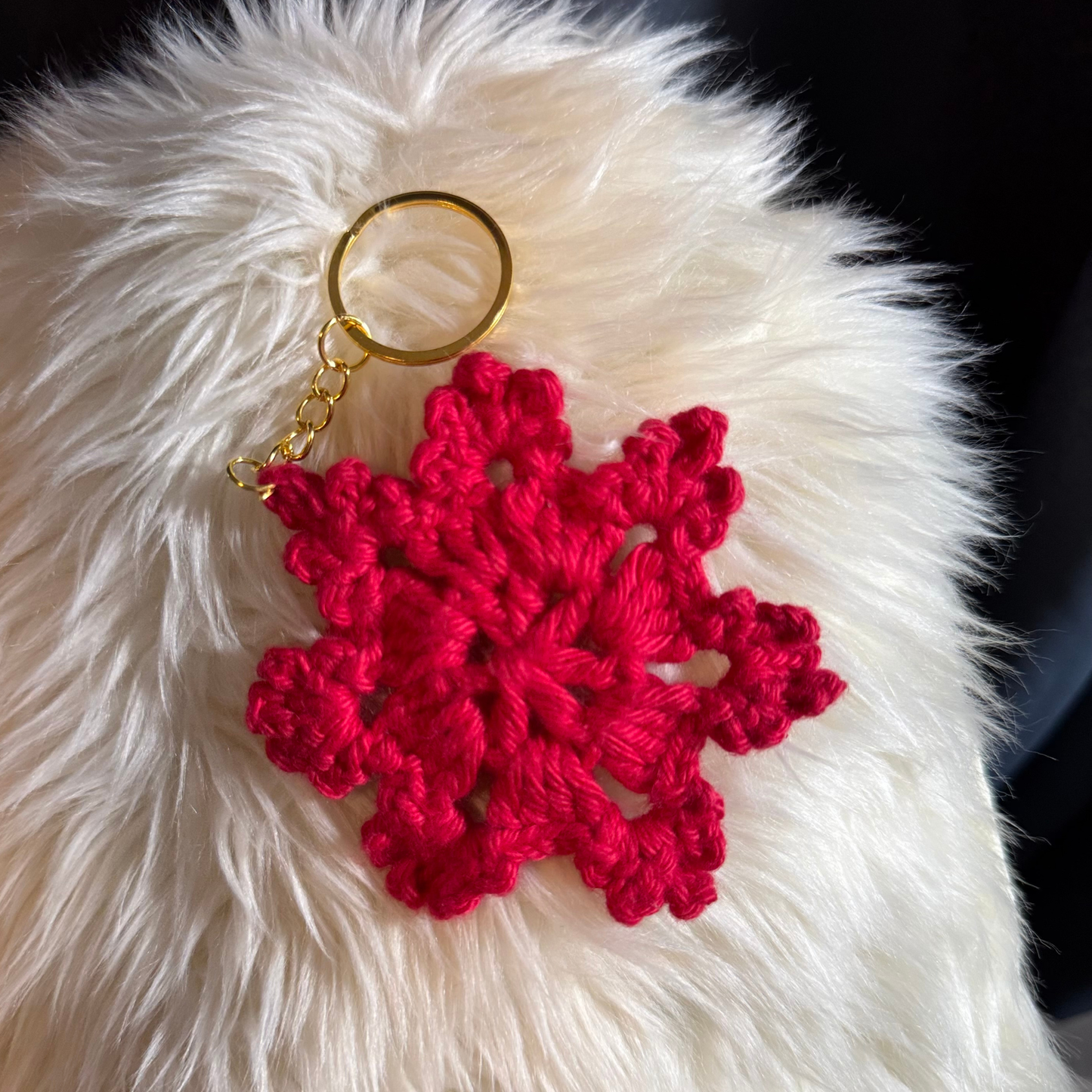 Handmade Red Crochet Snowflake Keychain Sunny Sky Studio