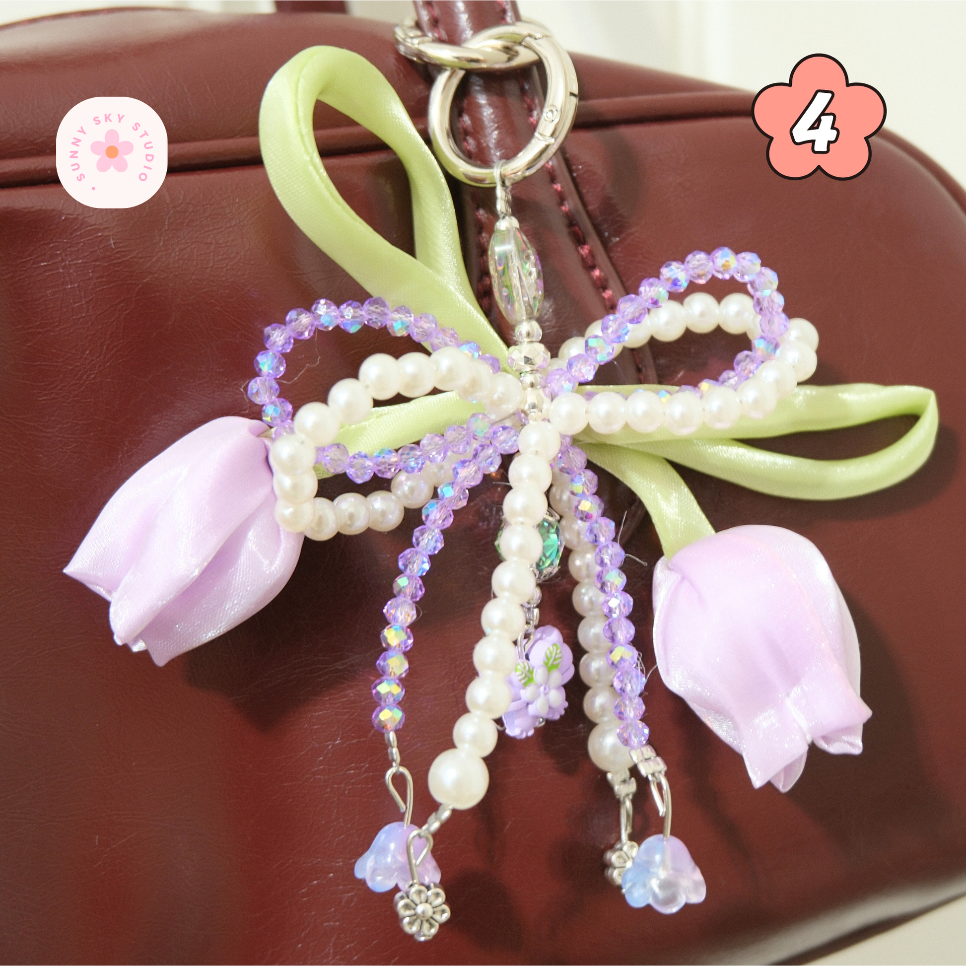 Purple Tulip Bow Pearl Beaded Keychain Sunny Sky Studio