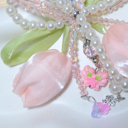 Pink Tulip Bow Pearl Beaded Keychain Sunny Sky Studio
