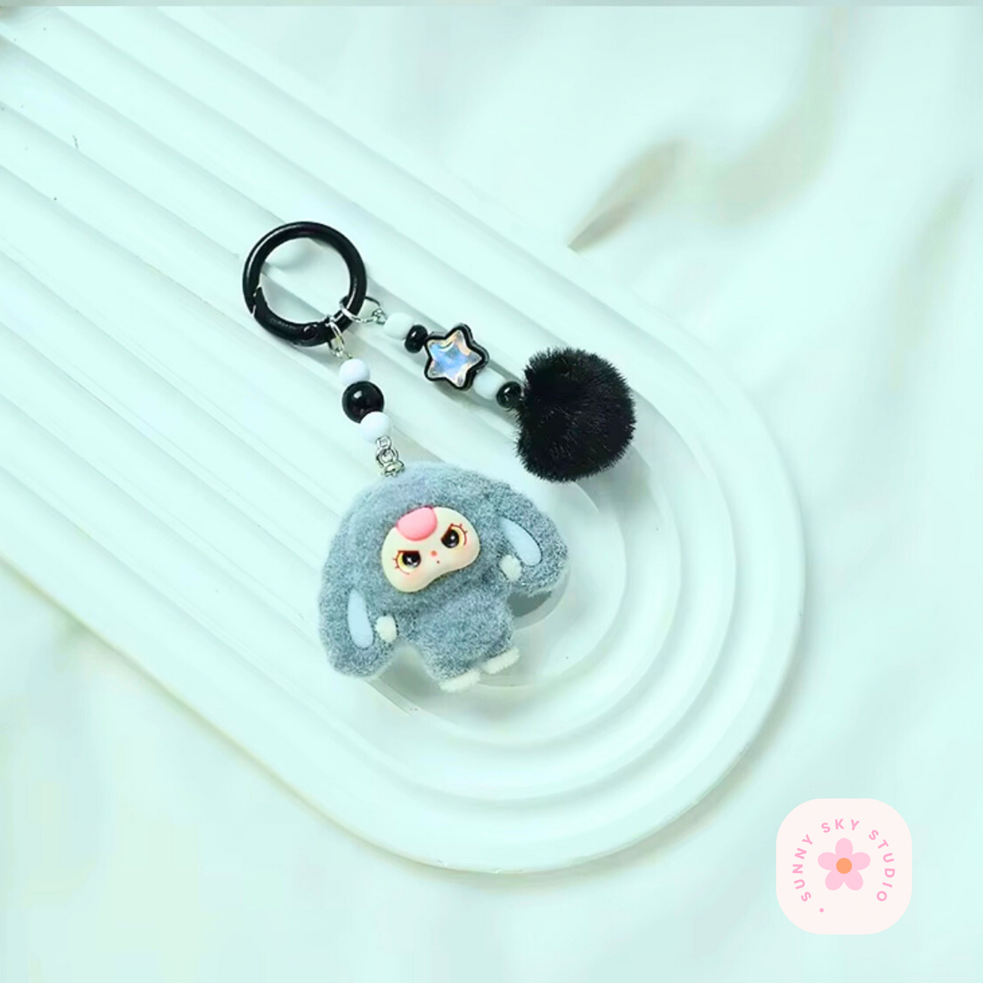 Baby Three Cartoon Keychain Set – Cute Flocking Character Pendants, Bag & Car Accessories Sunny Sky Studio