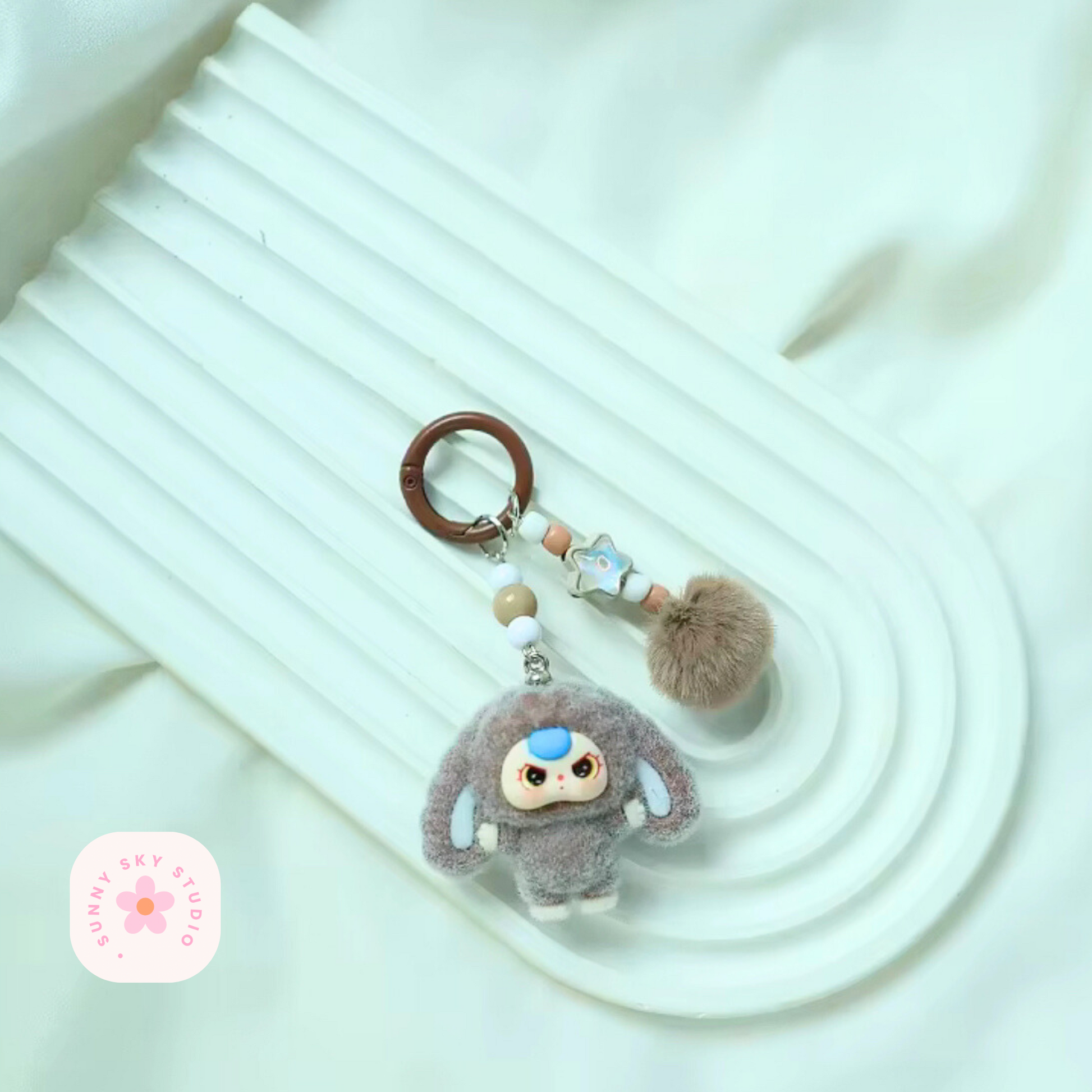 Baby Three Cartoon Keychain Set – Cute Flocking Character Pendants, Bag & Car Accessories Sunny Sky Studio