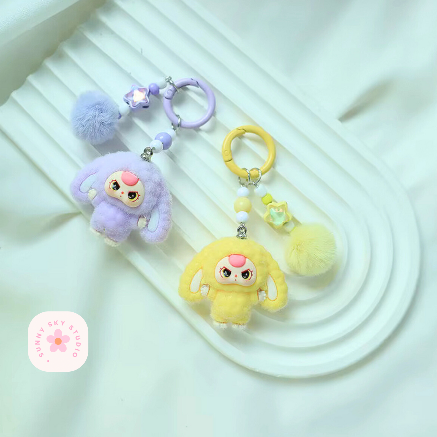 Baby Three Cartoon Keychain Set – Cute Flocking Character Pendants, Bag & Car Accessories Sunny Sky Studio