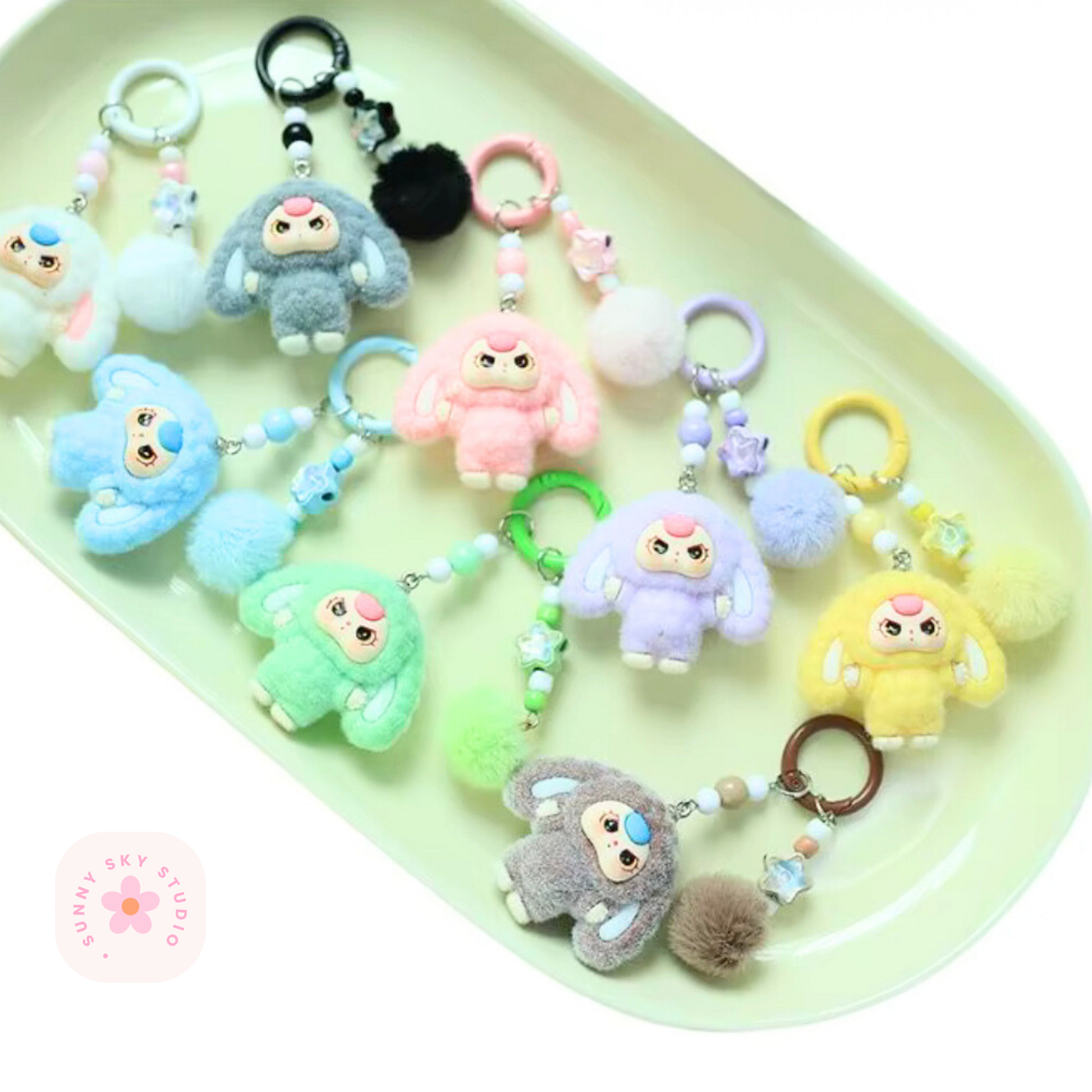 Baby Three Cartoon Keychain Set – Cute Flocking Character Pendants, Bag & Car Accessories Sunny Sky Studio