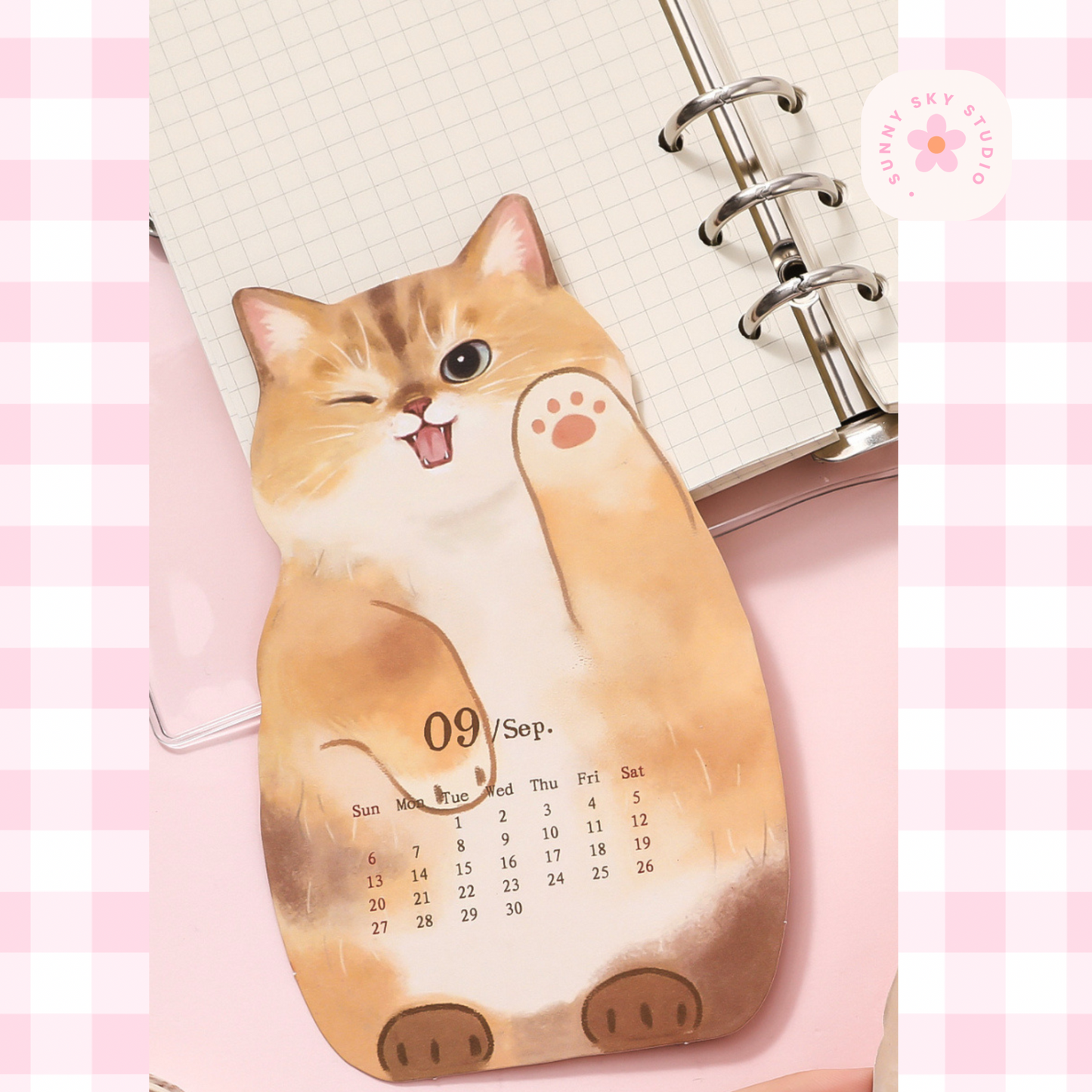 3D Cat Desk Calendar 2026 – Kawaii Wooden Sunny Sky Studio