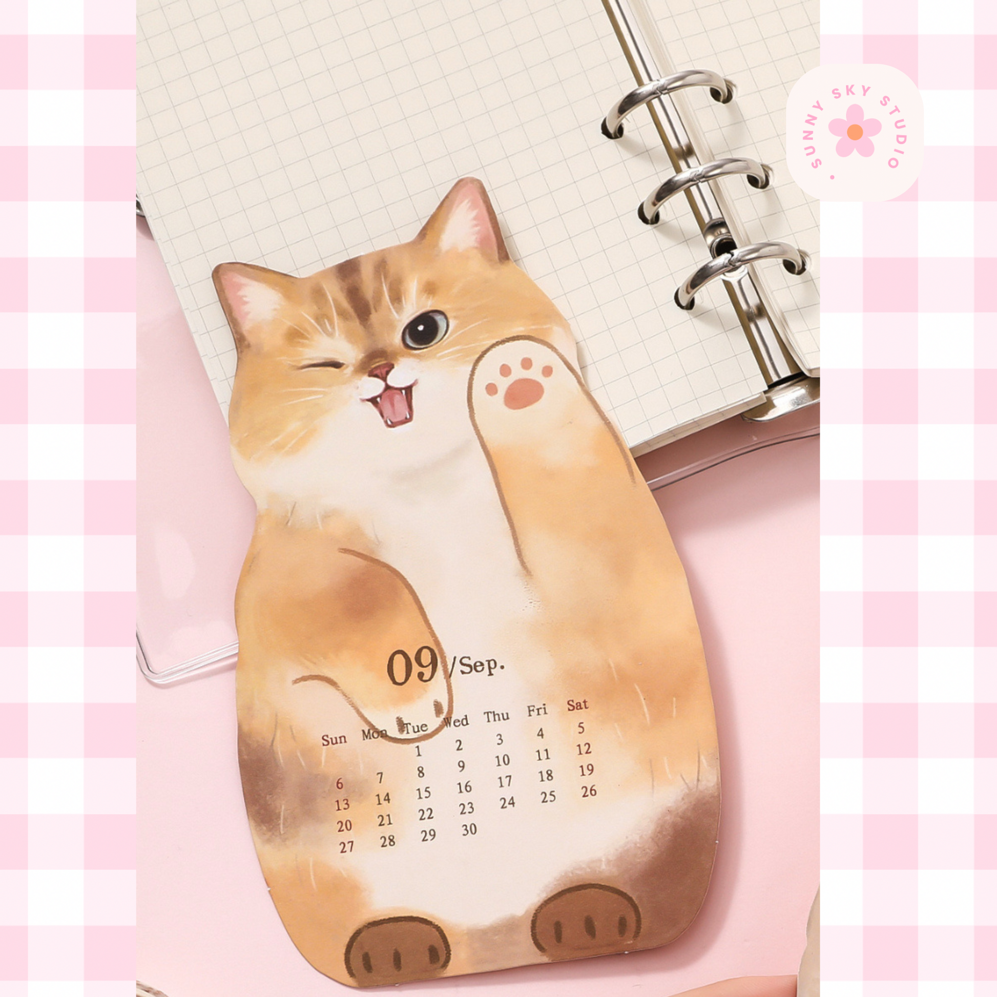 3D Cat Desk Calendar 2026 – Kawaii Wooden Sunny Sky Studio