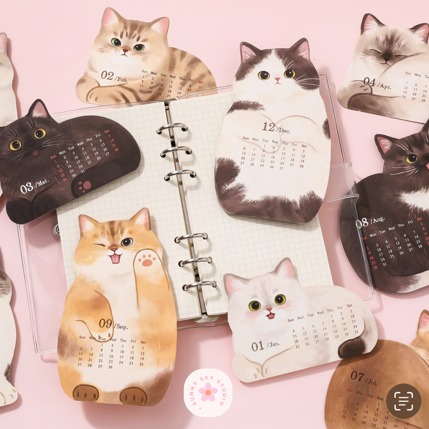 3D Cat Desk Calendar 2026 – Kawaii Wooden Sunny Sky Studio