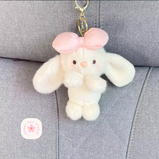 Bowknot Bunny Plush Keychain – Soft Cotton Bag Charm - WHITE Sunny Sky Studio
