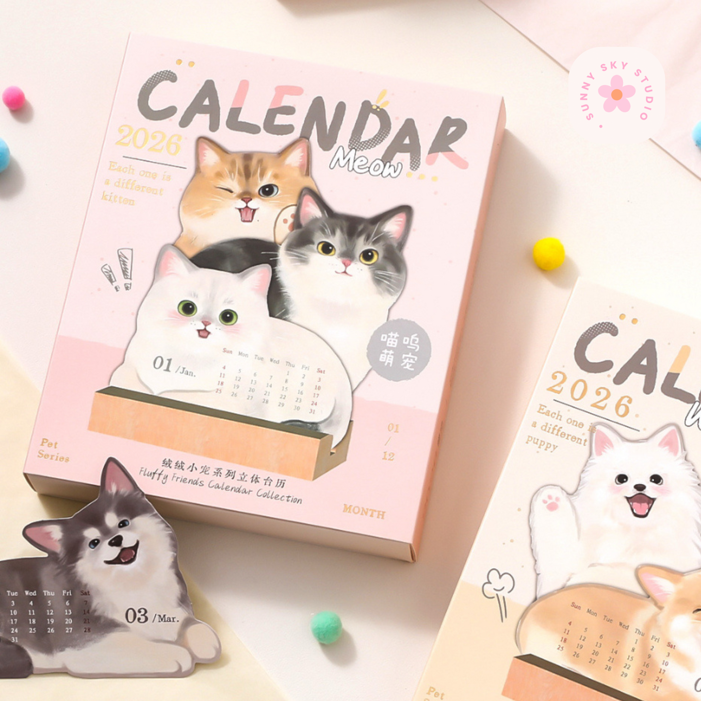 3D Cat Desk Calendar 2026 – Kawaii Wooden Sunny Sky Studio