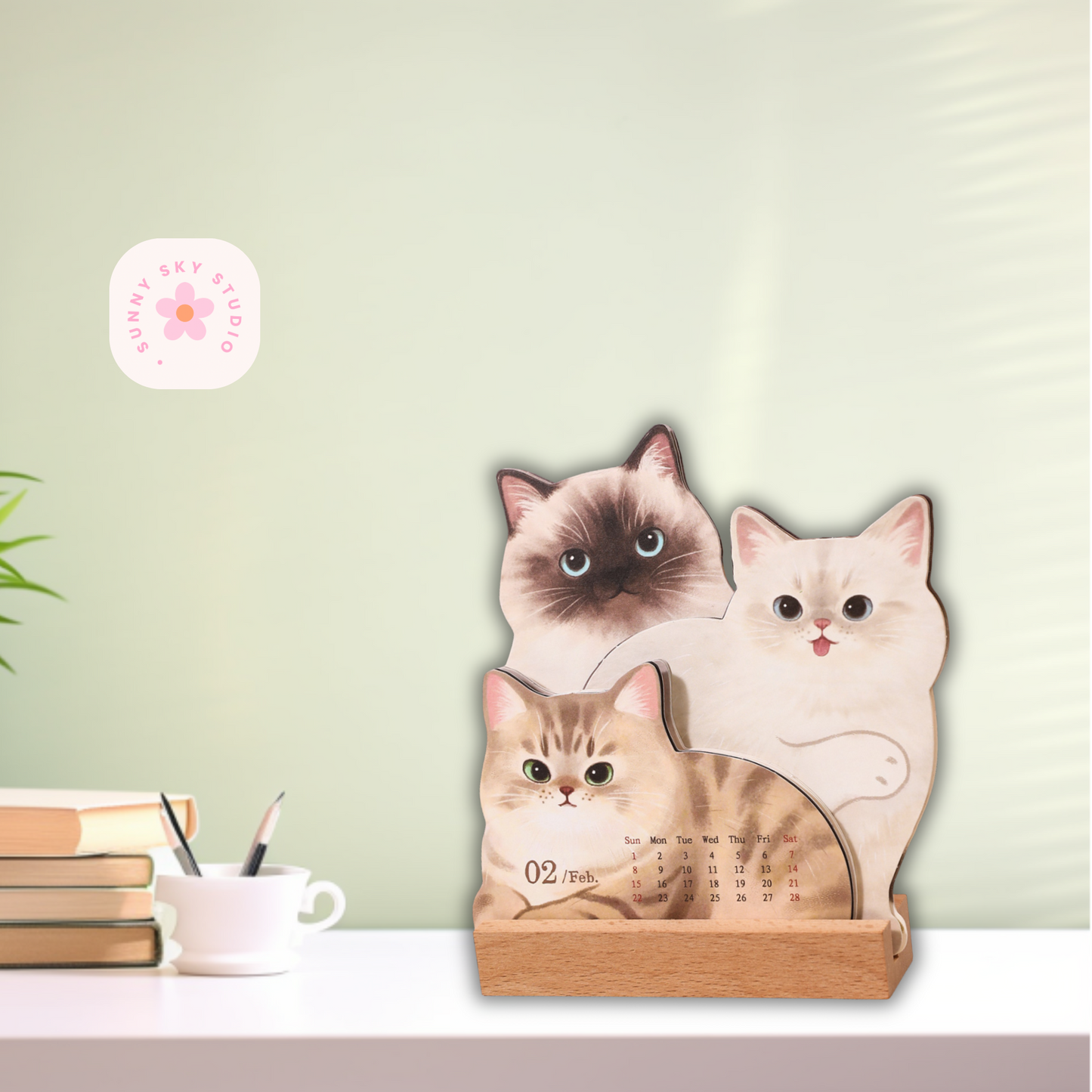 3D Cat Desk Calendar 2026 – Kawaii Wooden Sunny Sky Studio