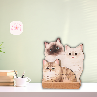 3D Cat Desk Calendar 2026 – Kawaii Wooden Sunny Sky Studio