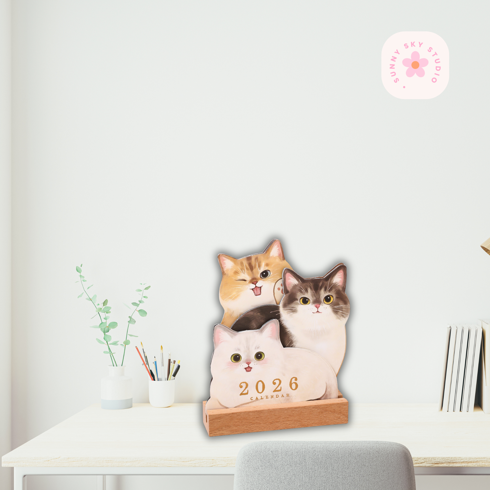 3D Cat Desk Calendar 2026 – Kawaii Wooden Sunny Sky Studio