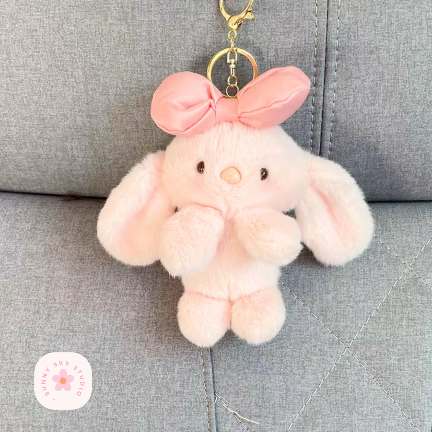 Bowknot Bunny Plush Keychain – Soft Cotton Bag Charm - PINK Sunny Sky Studio