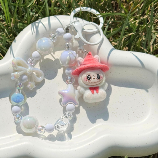 Beaded Keyring, Mini Plush Charm - White