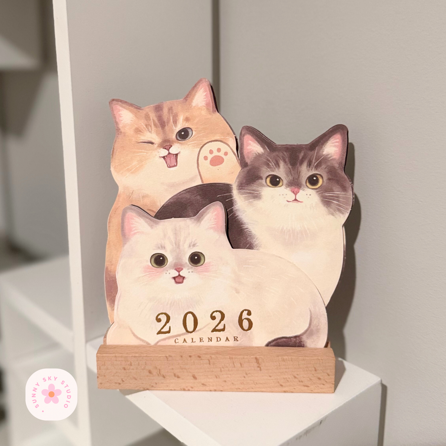 3D Cat Desk Calendar 2026 – Kawaii Wooden Sunny Sky Studio
