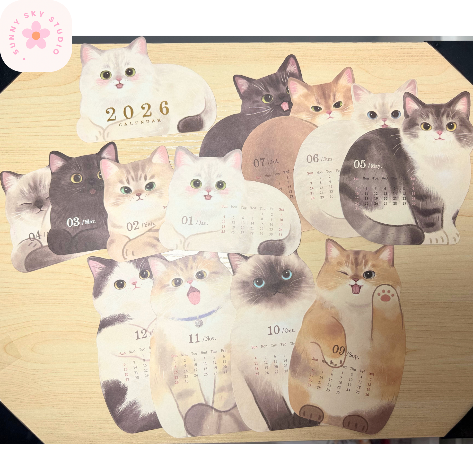 3D Cat Desk Calendar 2026 – Kawaii Wooden Sunny Sky Studio