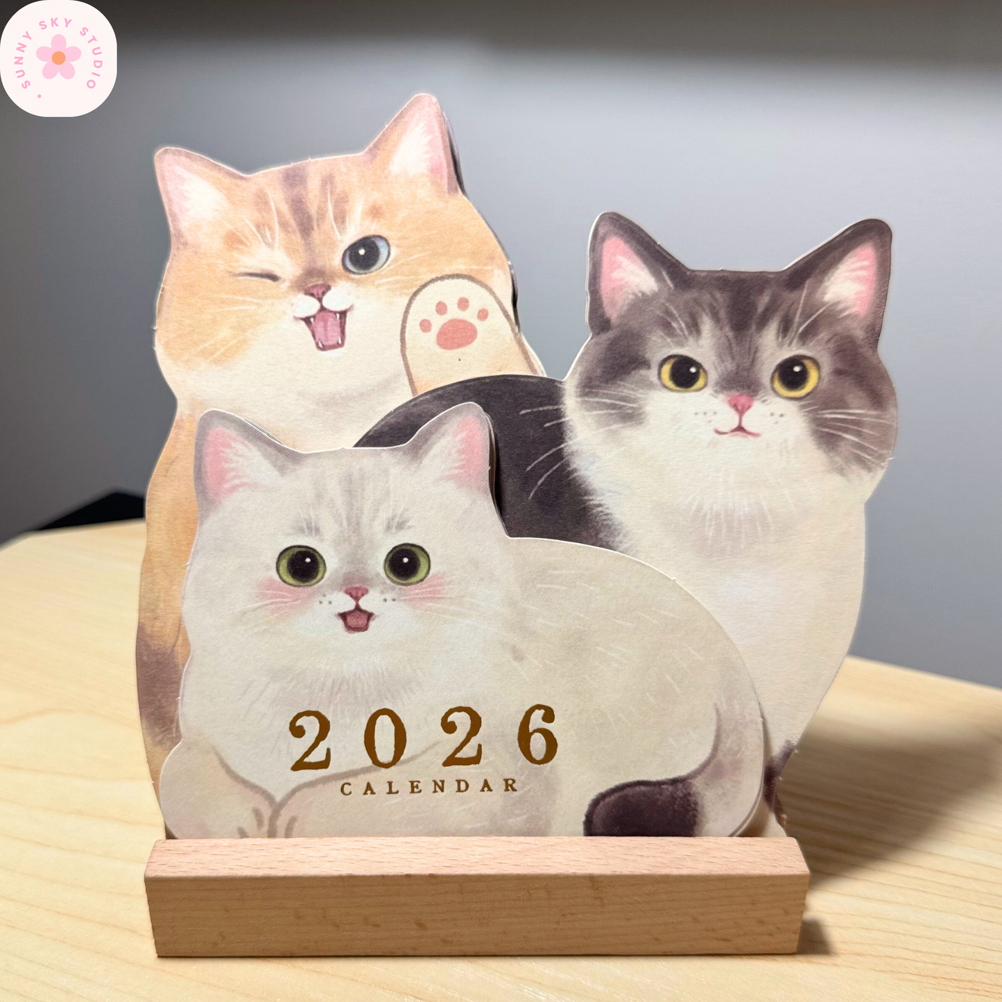3D Cat Desk Calendar 2026 – Kawaii Wooden Sunny Sky Studio