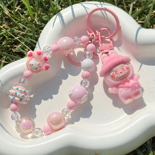 Beaded Keyring, Mini Plush Charm - Pink