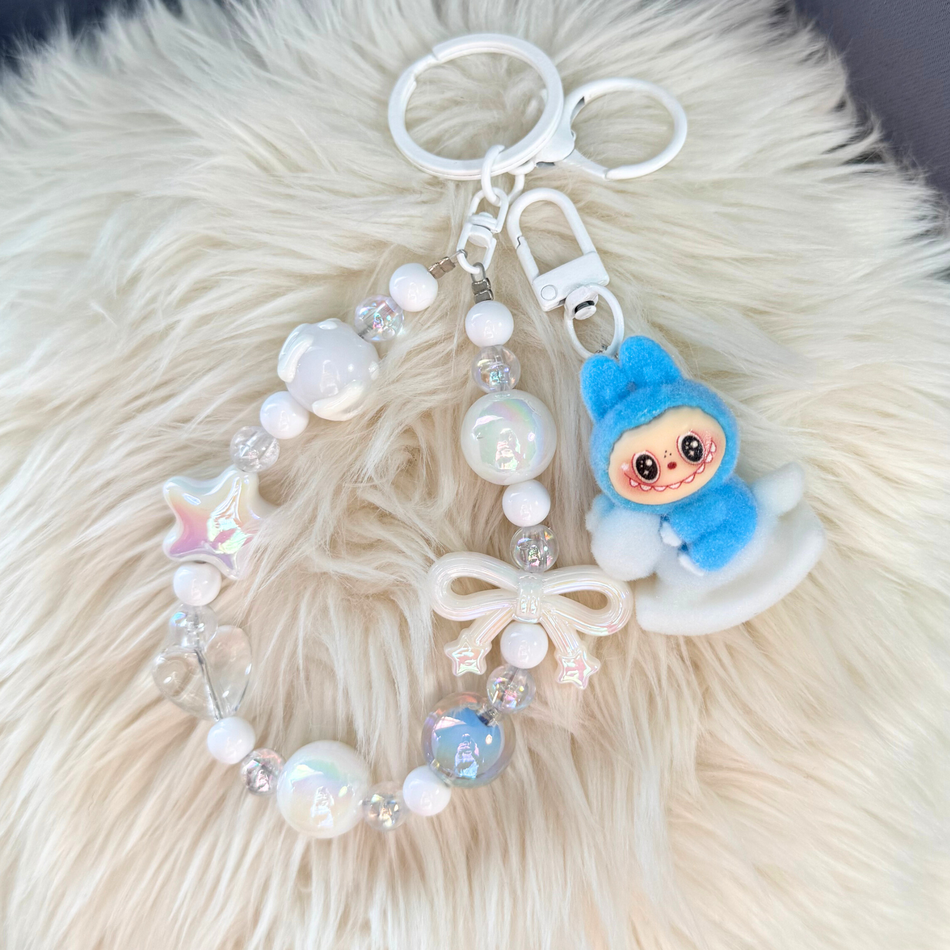 Kawaii Plush Bunny Beaded Keychain - BLUE & WHITE Sunny Sky Studio