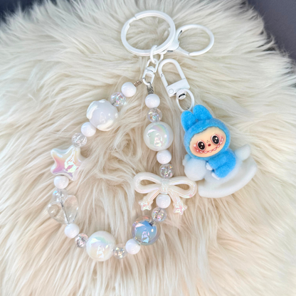 Kawaii Plush Bunny Beaded Keychain - BLUE & WHITE Sunny Sky Studio