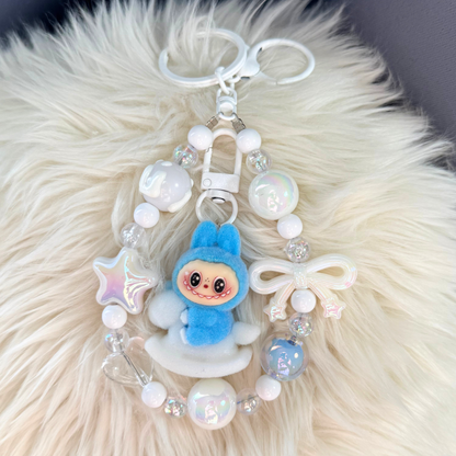 Kawaii Plush Bunny Beaded Keychain - BLUE & WHITE Sunny Sky Studio