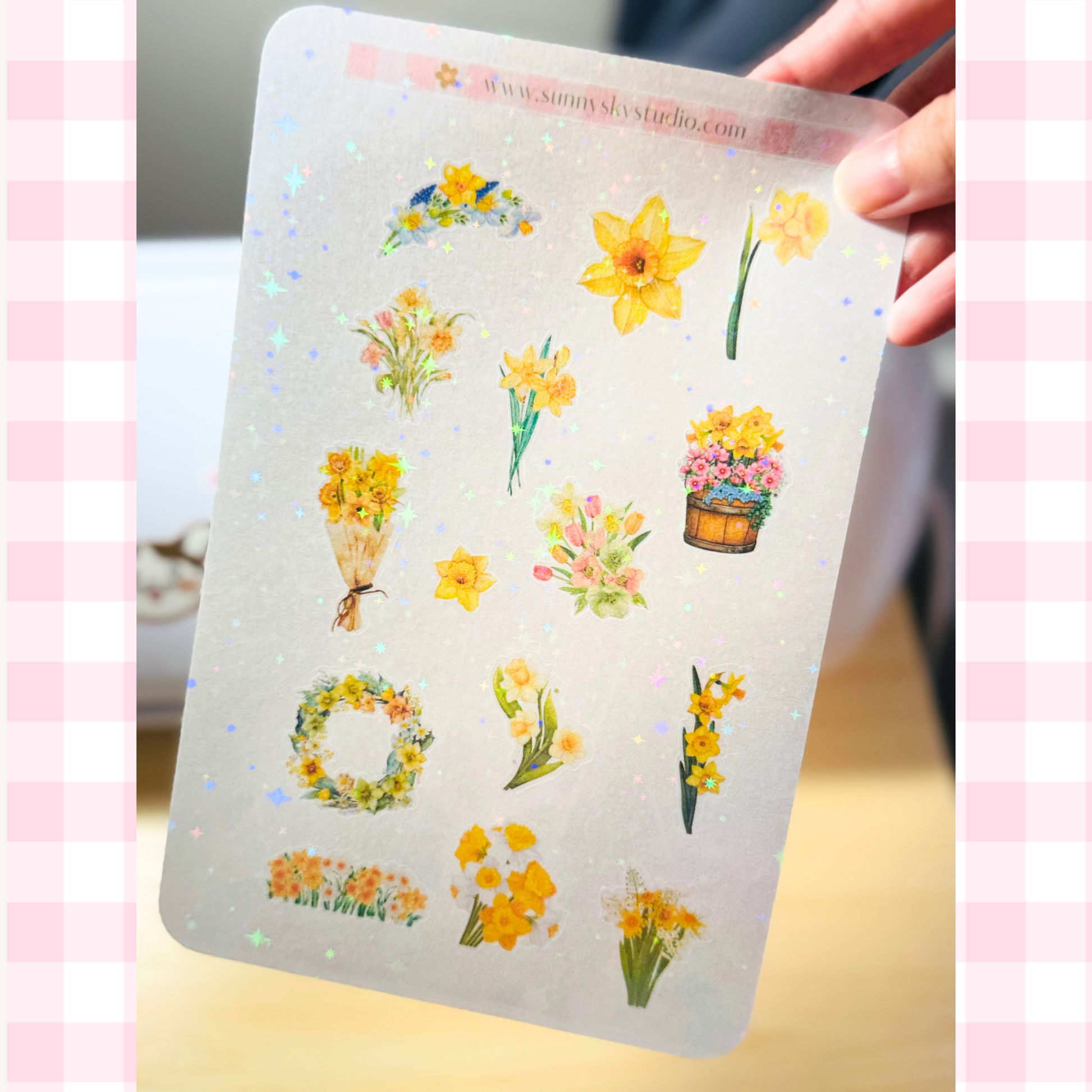 March Birth Flower Holographic Sticker Sheet – Yellow Daffodil Sunny Sky Studio