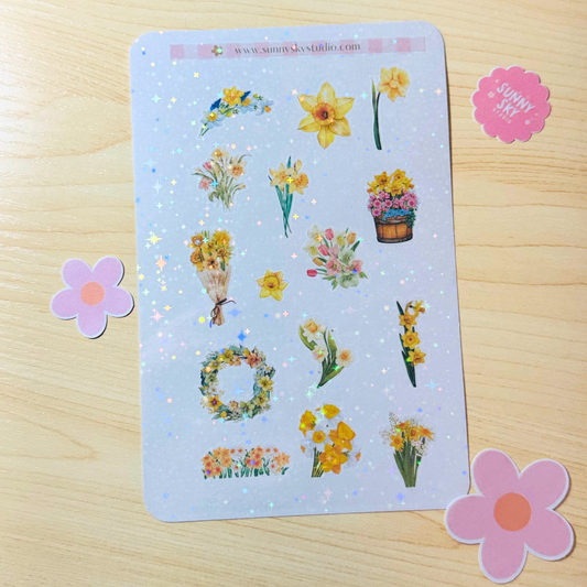 March Birth Flower Holographic Sticker Sheet – Yellow Daffodil Sunny Sky Studio
