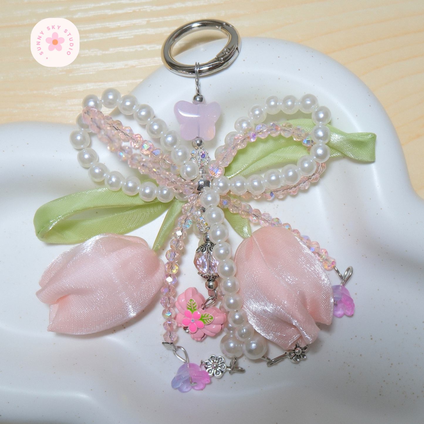 Pink Tulip Bow Pearl Beaded Keychain Sunny Sky Studio