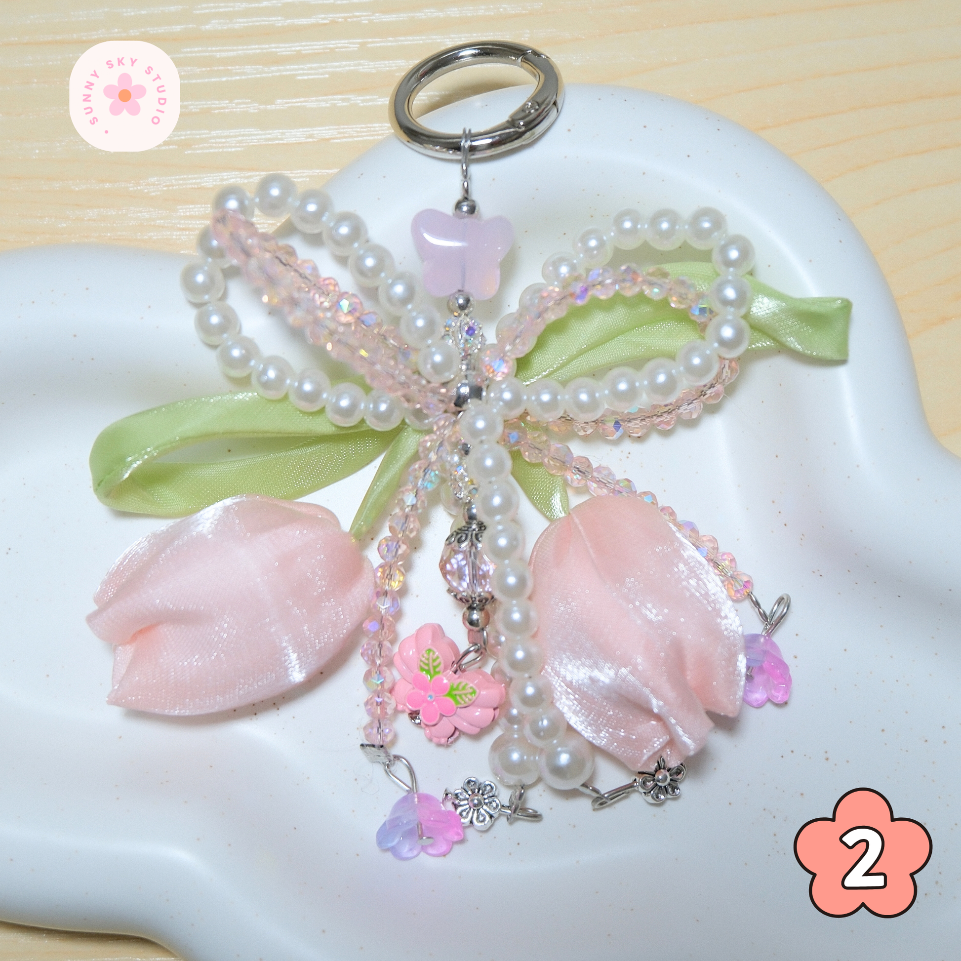 Pink Tulip Bow Pearl Beaded Keychain Sunny Sky Studio