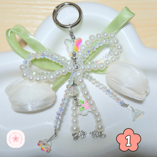 White Tulip Bow Pearl Beaded Keychain Sunny Sky Studio