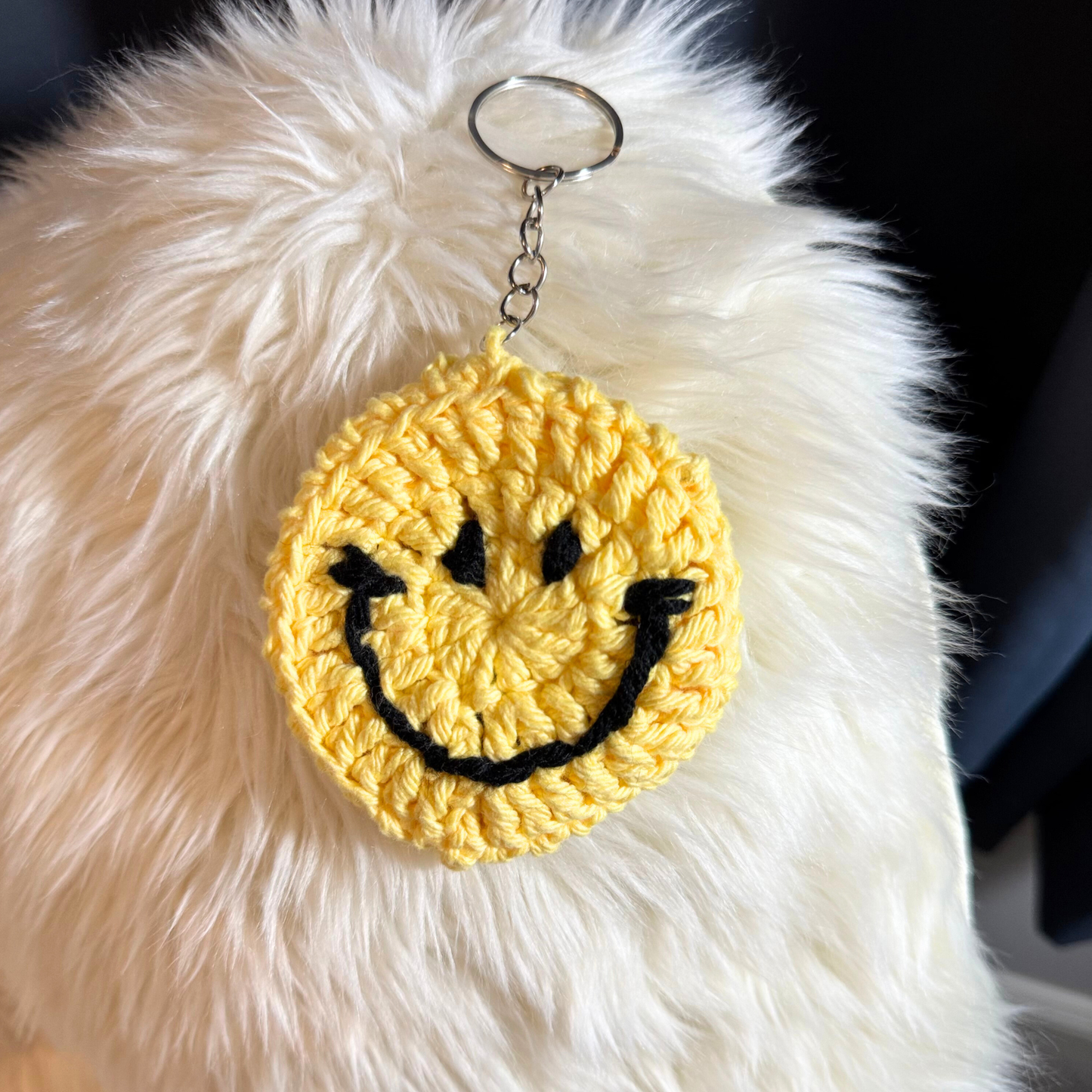 Handmade Yellow Crochet Emoji Keychain Sunny Sky Studio
